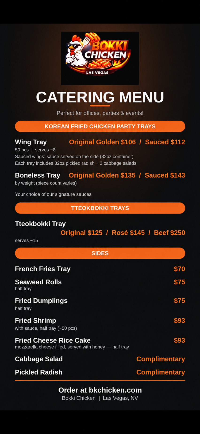 Bokki Chicken Catering Menu